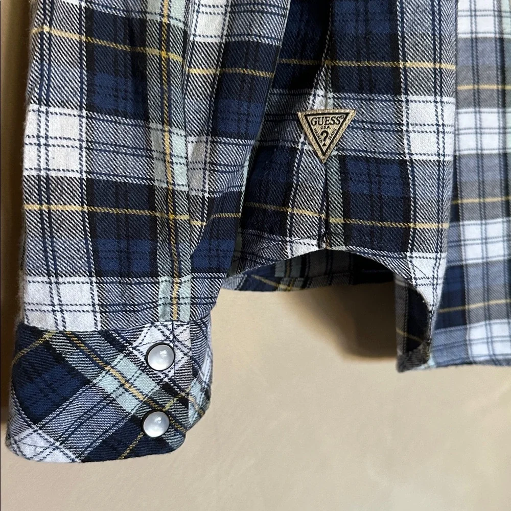 GUESS Flannel Button Pearl Snap Shirt Blue Plaid Rhinestones Women's Meduim - Picture 4 of 6